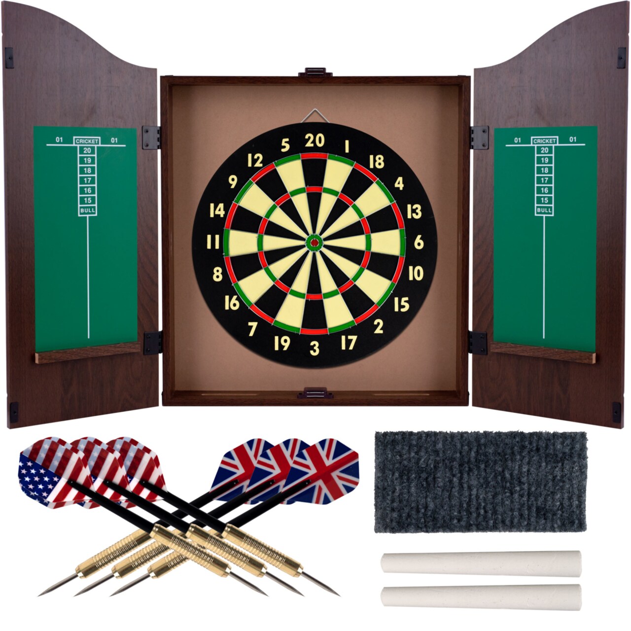 Trademark Games Dartboard Cabinet Set Walnut Finish Self Healing Darts Scoreboard